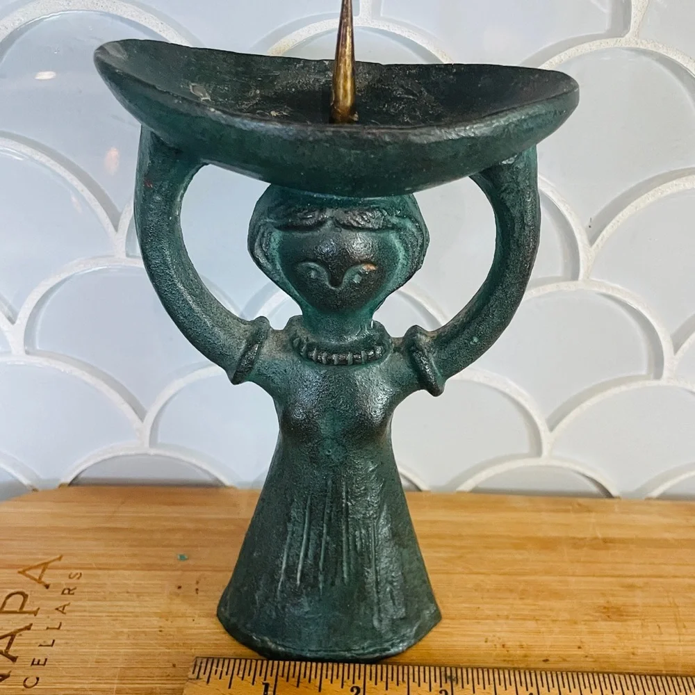 Danish Verdigris Bronze Candle Holder Woman w Basket Gunnar Andre Ystad-Metall